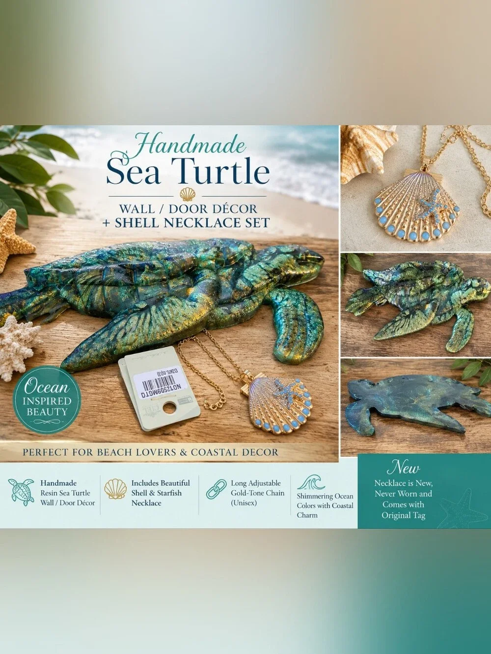 Handmade Sea Turtle Wall & Door Décor with Shell Necklace – Blue Green